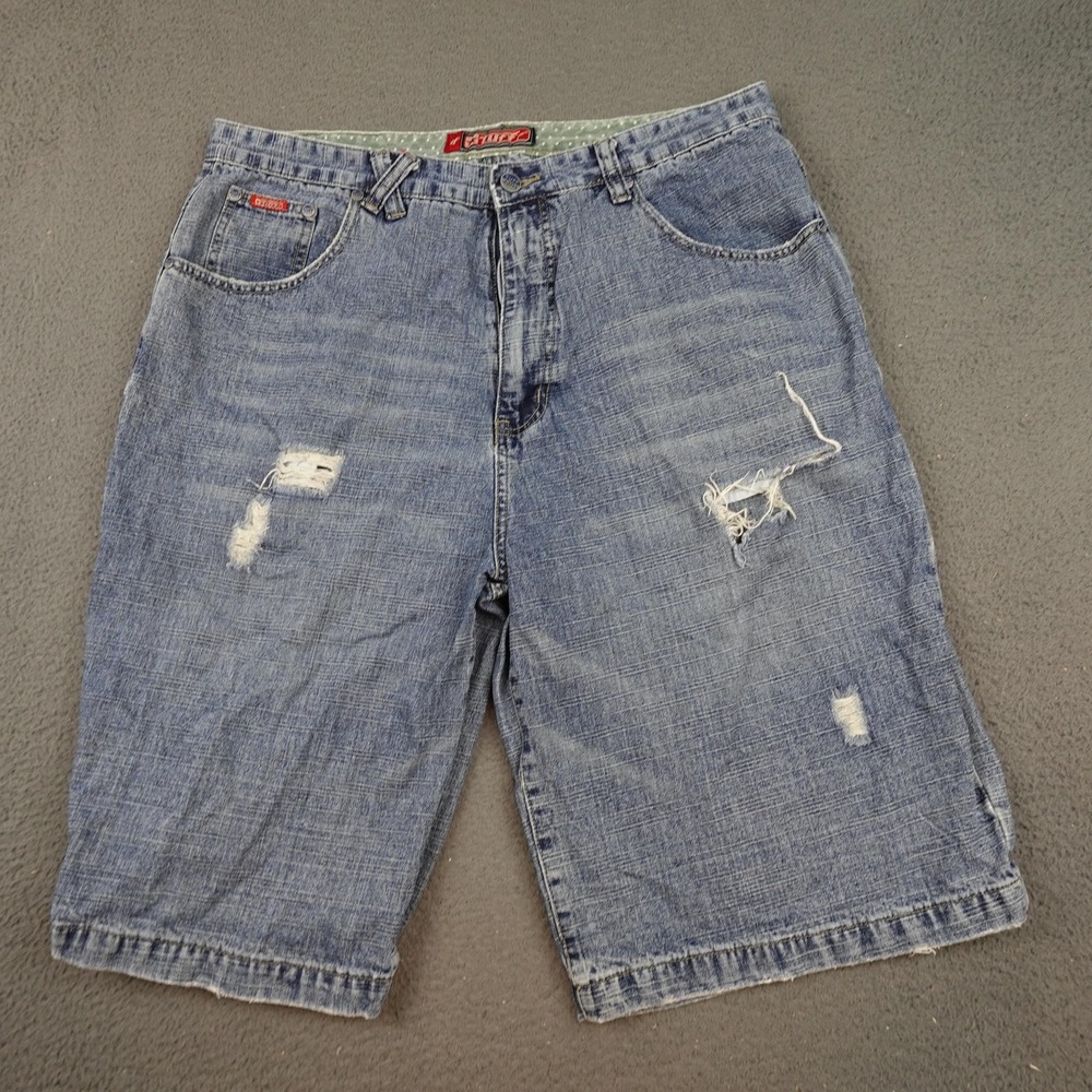 Tuff Jeans Shorts Mens 38 Blue Distressed Denim Relaxed Fit Casual Grunge Raw